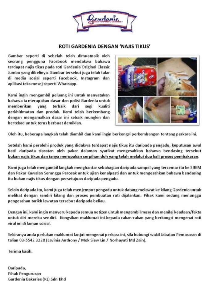 Isu Roti Dicemari Najis Tikus. Ini Jawapan Dari Pihak Gardenia
