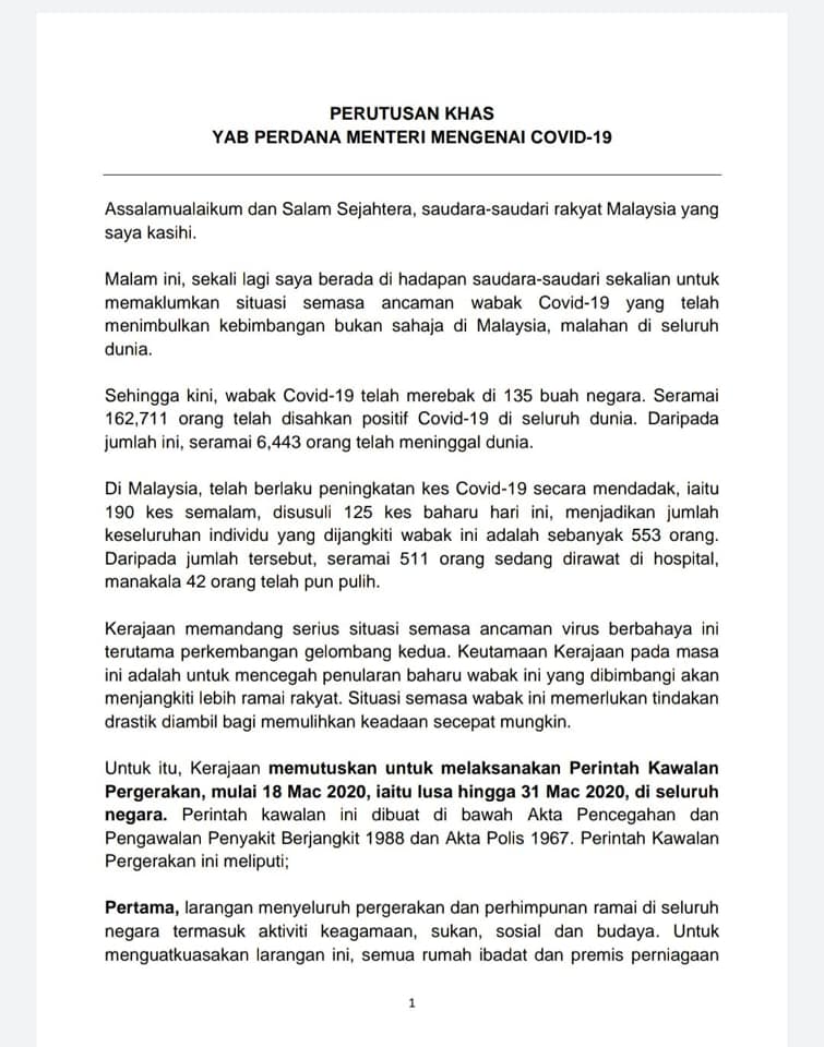 COVID-19: Malaysia Ishtihar Perintah Kawalan Pergerakan Bermula 18-31 Mac 2020